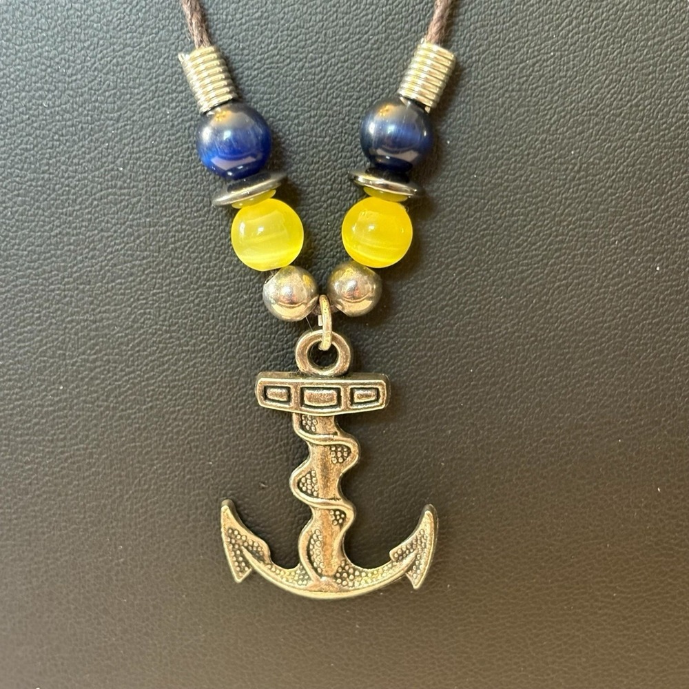 Anchor Pendant Necklace Yellow Cats Eye Beads On Black Cord Nautical Boat Ocean